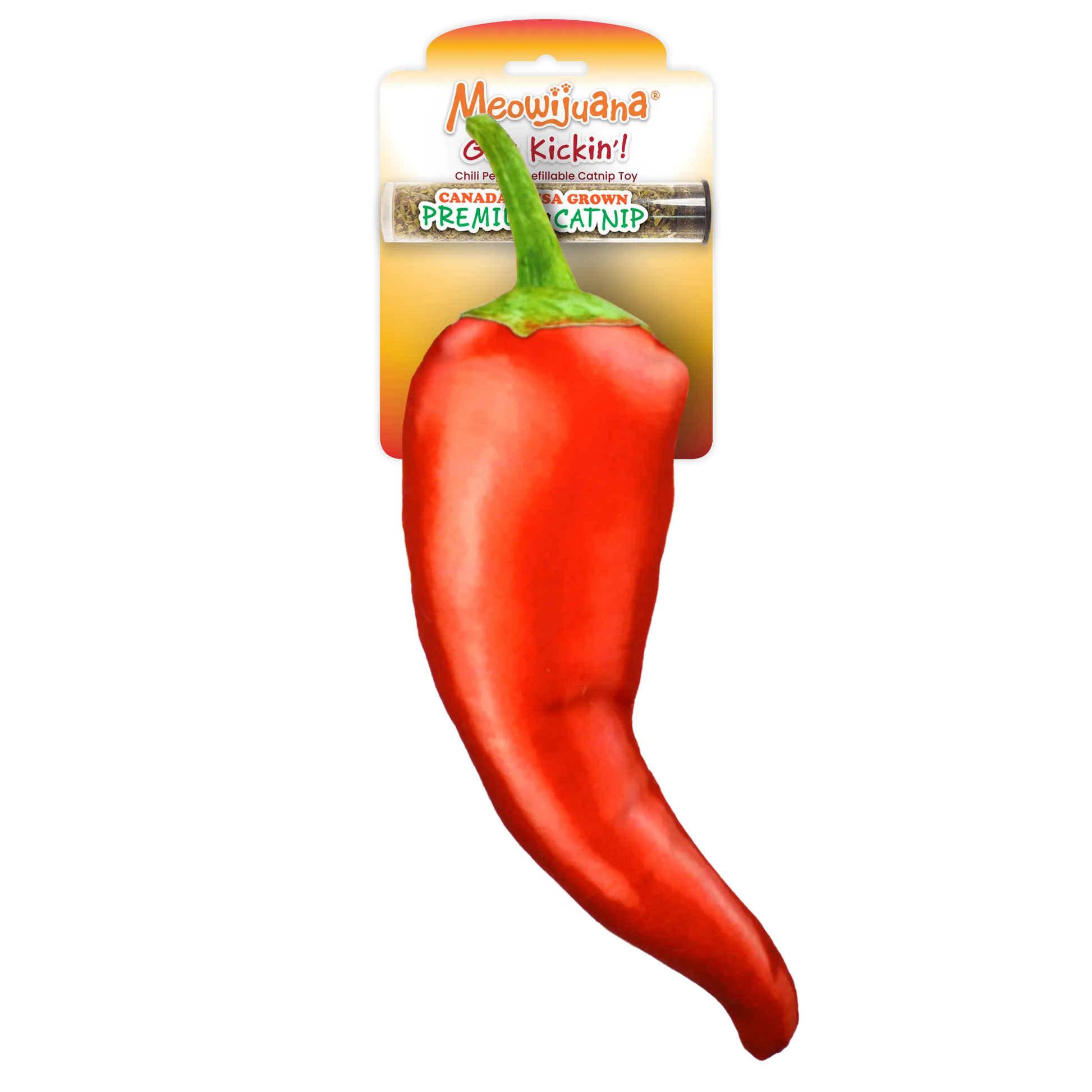 A bright red chili pepper-shaped cat toy in packaging with Meowijuana® branding and included premium catnip tube.