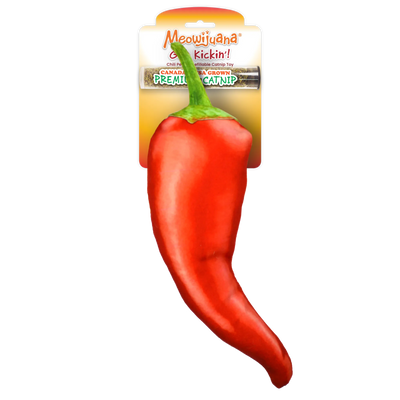 A bright red chili pepper-shaped cat toy in packaging with Meowijuana® branding and included premium catnip tube.