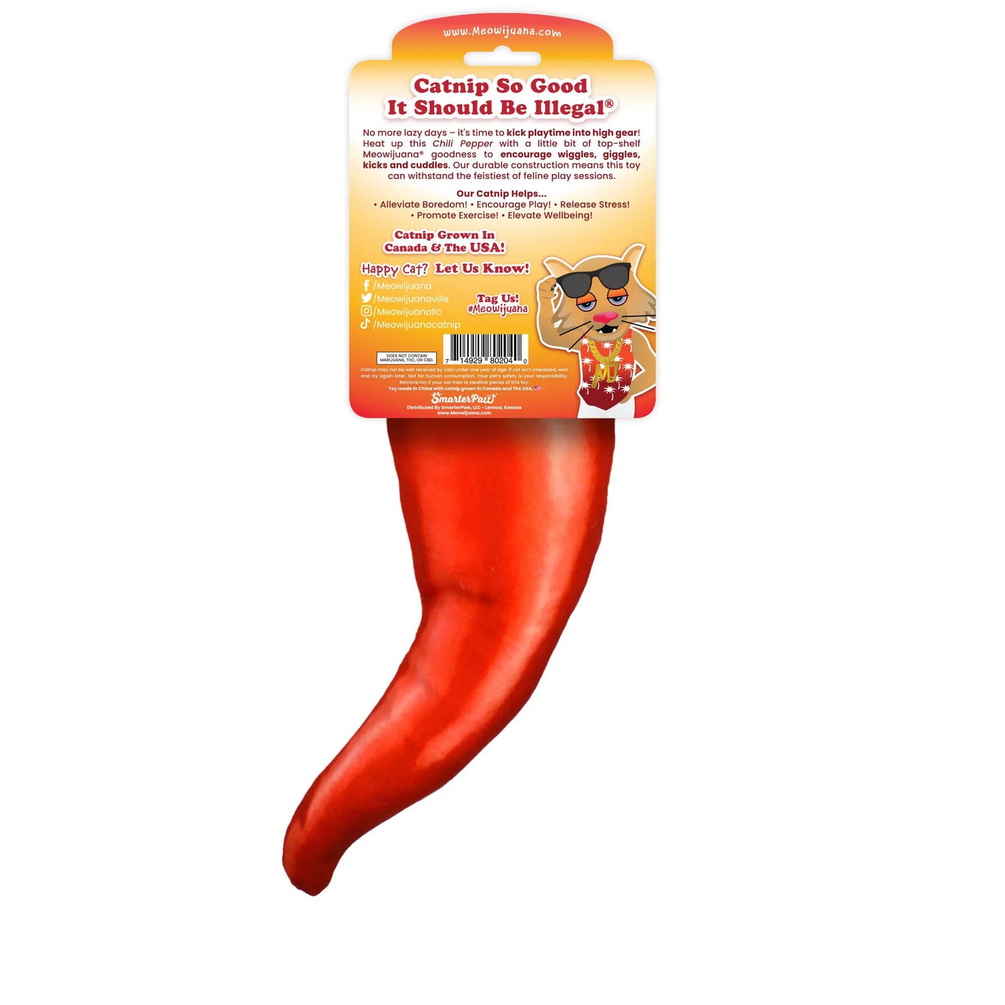 Back of the chili pepper cat toy packaging, highlighting its benefits like promoting exercise, reducing stress, and encouraging play.