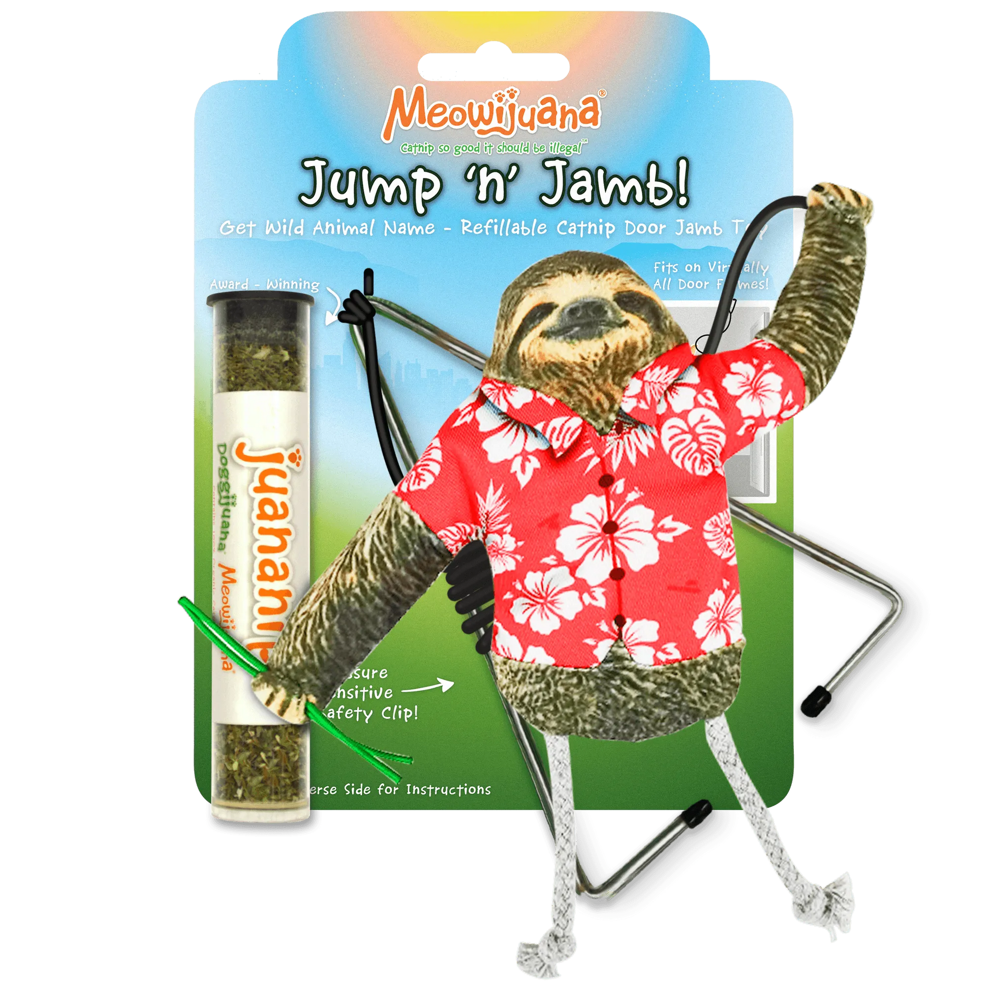 Meowijuana "Jump 'n' Jamb!" catnip toy: sloth in Hawaiian shirt on door jamb clip with Juananip catnip tube. Fun, refillable cat toy.