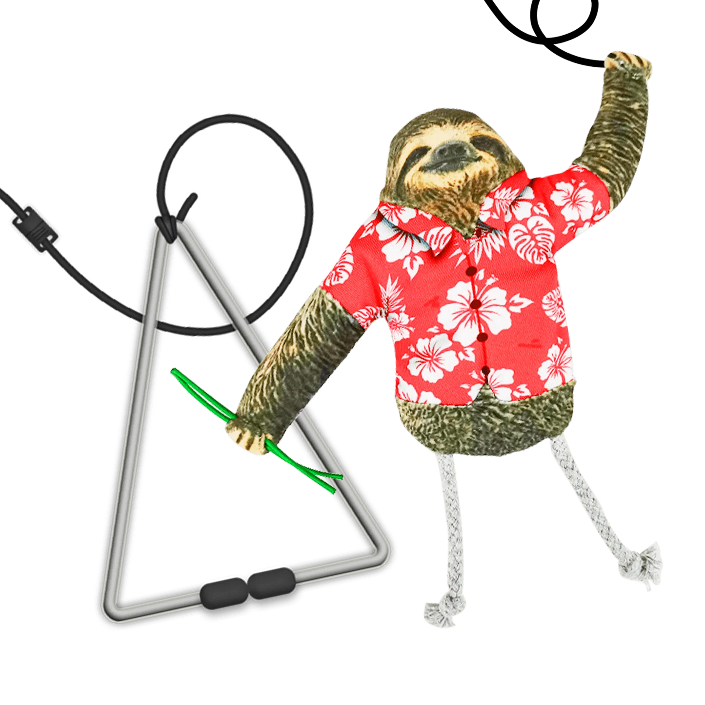 A sloth toy in a red Hawaiian shirt holds a green feather and hangs from a black triangular door jamb clip. The toy is designed for cats.