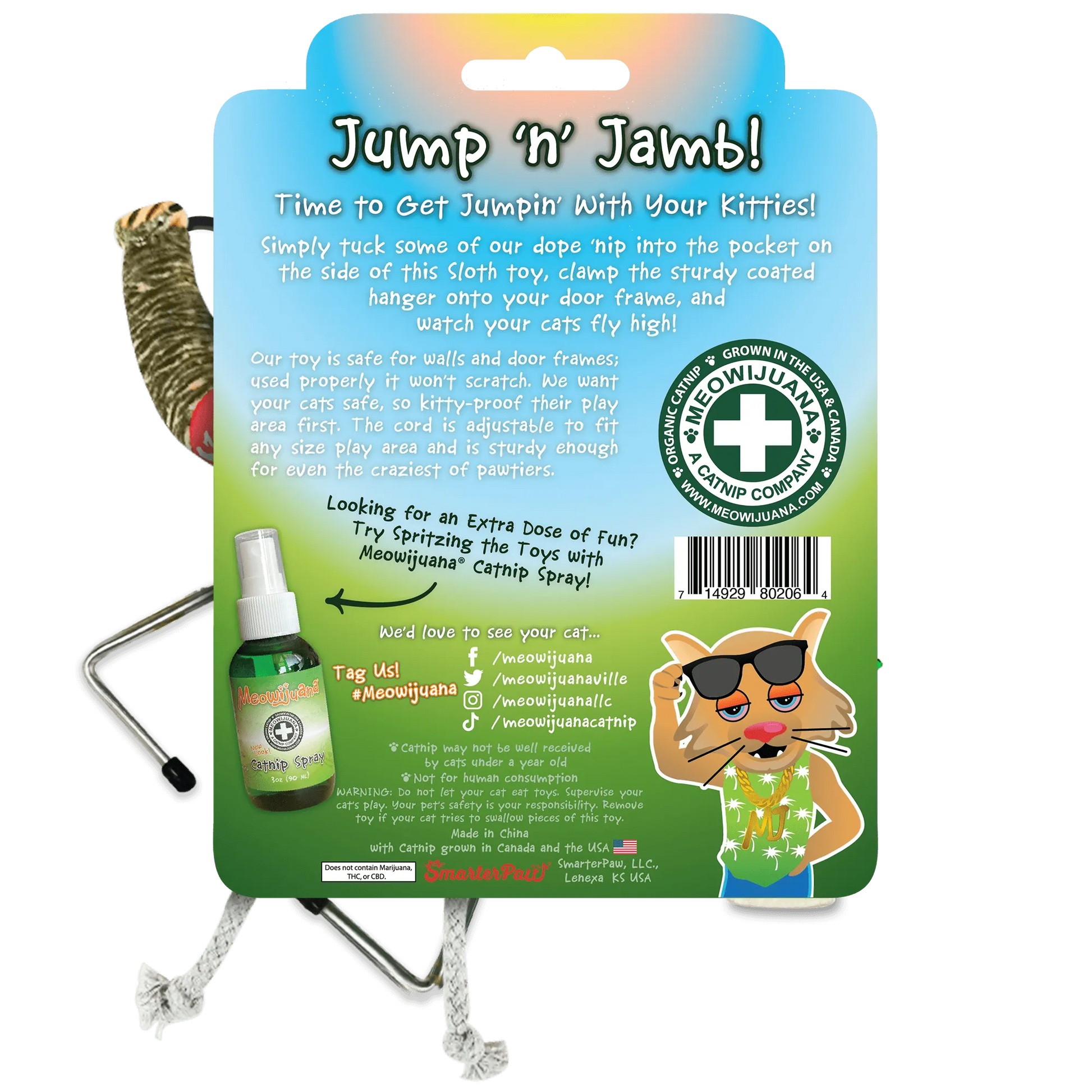 Back of "Jump 'n' Jamb!" package with instructions, social tags, catnip spray suggestion, and a cartoon cat in sunglasses. Made by SmarterPaw.