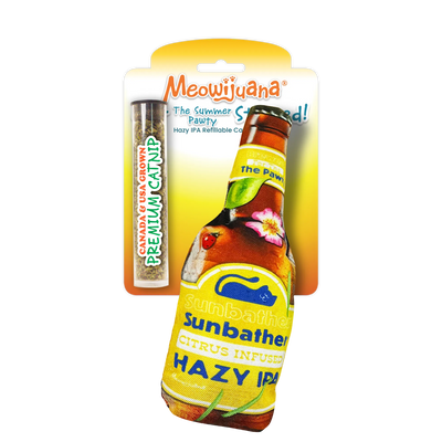 A bottle-shaped cat toy resembling a Hazy IPA, packaged with Meowijuana® branding and a tube of premium catnip included.