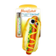 A hot dog-shaped cat toy with mustard and relish details, googly eyes, packaged with Meowijuana® branding and premium catnip.