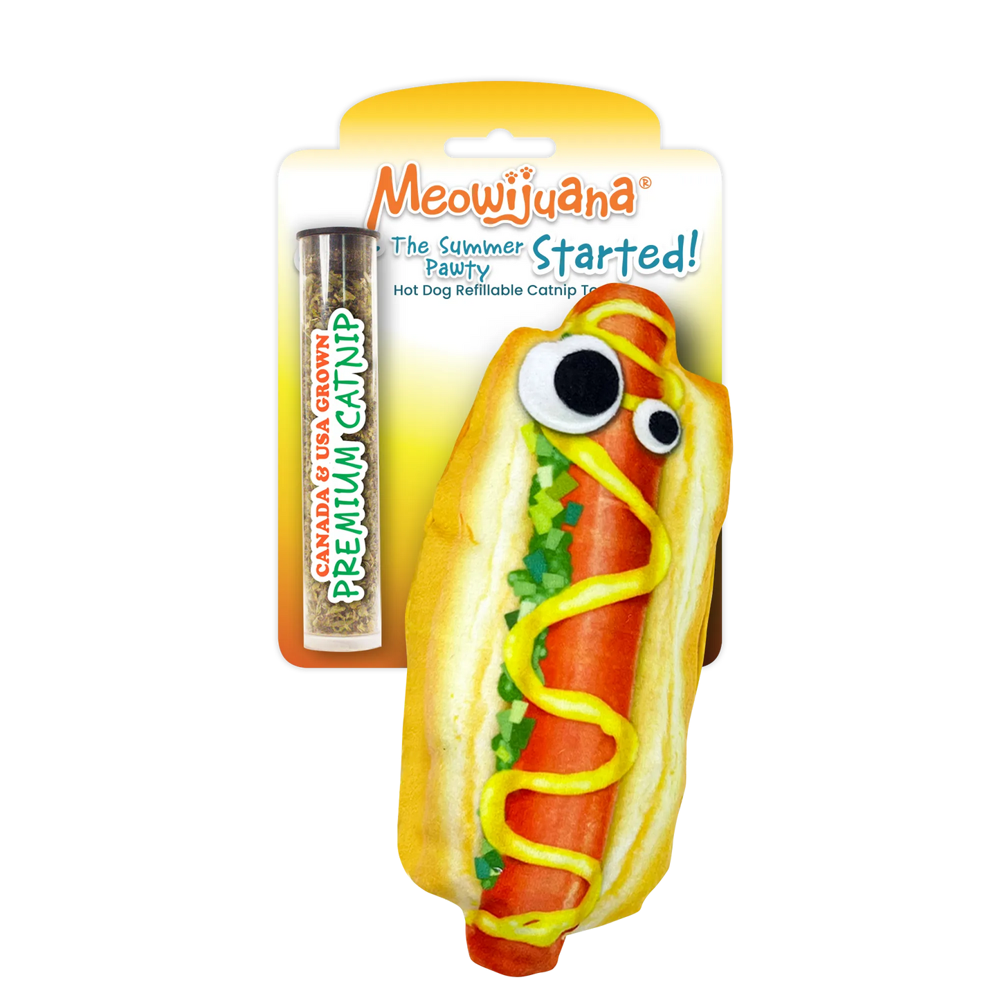 A hot dog-shaped cat toy with mustard and relish details, googly eyes, packaged with Meowijuana® branding and premium catnip.