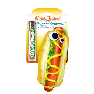 A hot dog-shaped cat toy with mustard and relish details, googly eyes, packaged with Meowijuana® branding and premium catnip.