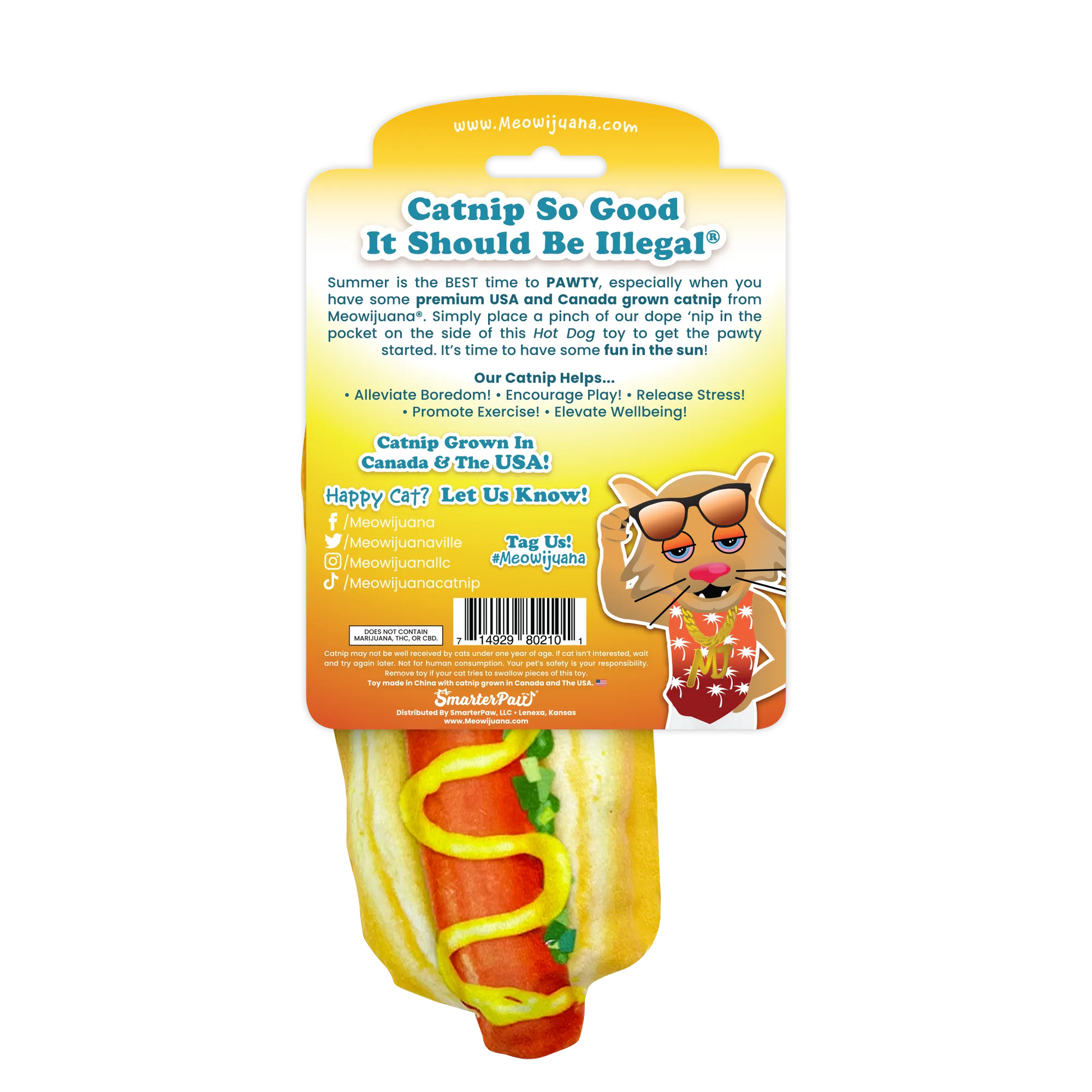 Back of the hot dog cat toy packaging with benefits like encouraging play, promoting exercise, and relieving stress.