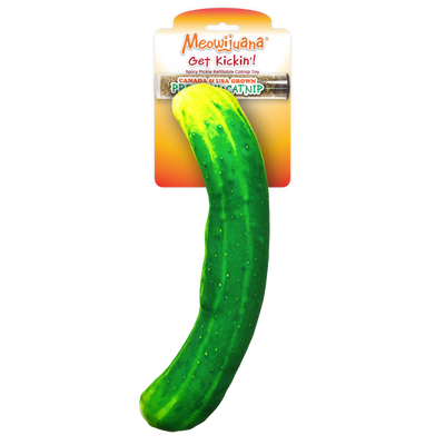 A pickle-shaped cat toy in bright green, packaged with Meowijuana® branding and a tube of premium North American catnip.