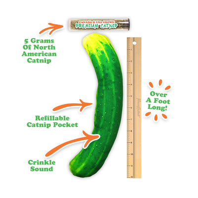 The pickle toy labeled with features: refillable catnip pocket, crinkle sound, and over a foot long with 5 grams of premium catnip.