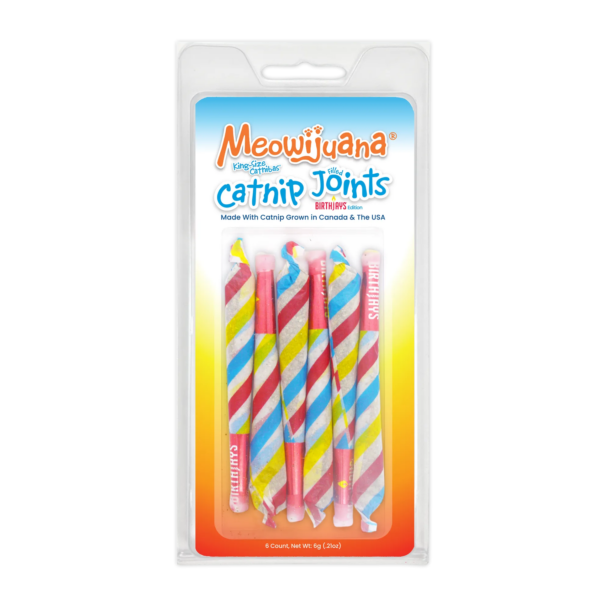 Catnip toy joints in a colorful birthday-themed package.