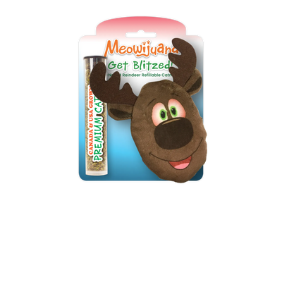 A reindeer-shaped cat toy with cartoonish features, packaged with Meowijuana® branding and a tube of premium North American catnip.