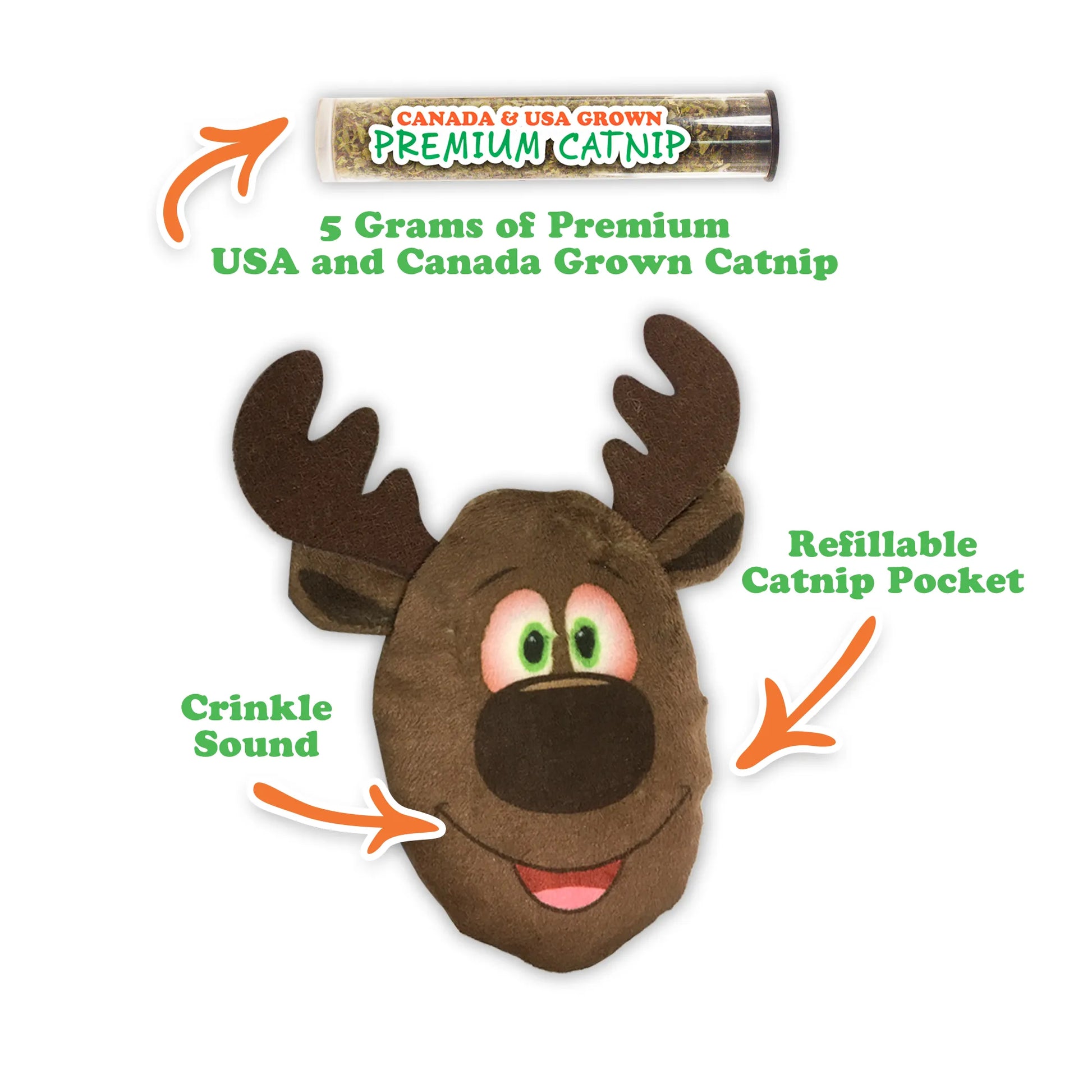 The reindeer toy labeled with features: refillable catnip pocket, crinkle sound, and 5 grams of premium USA and Canada-grown catnip.