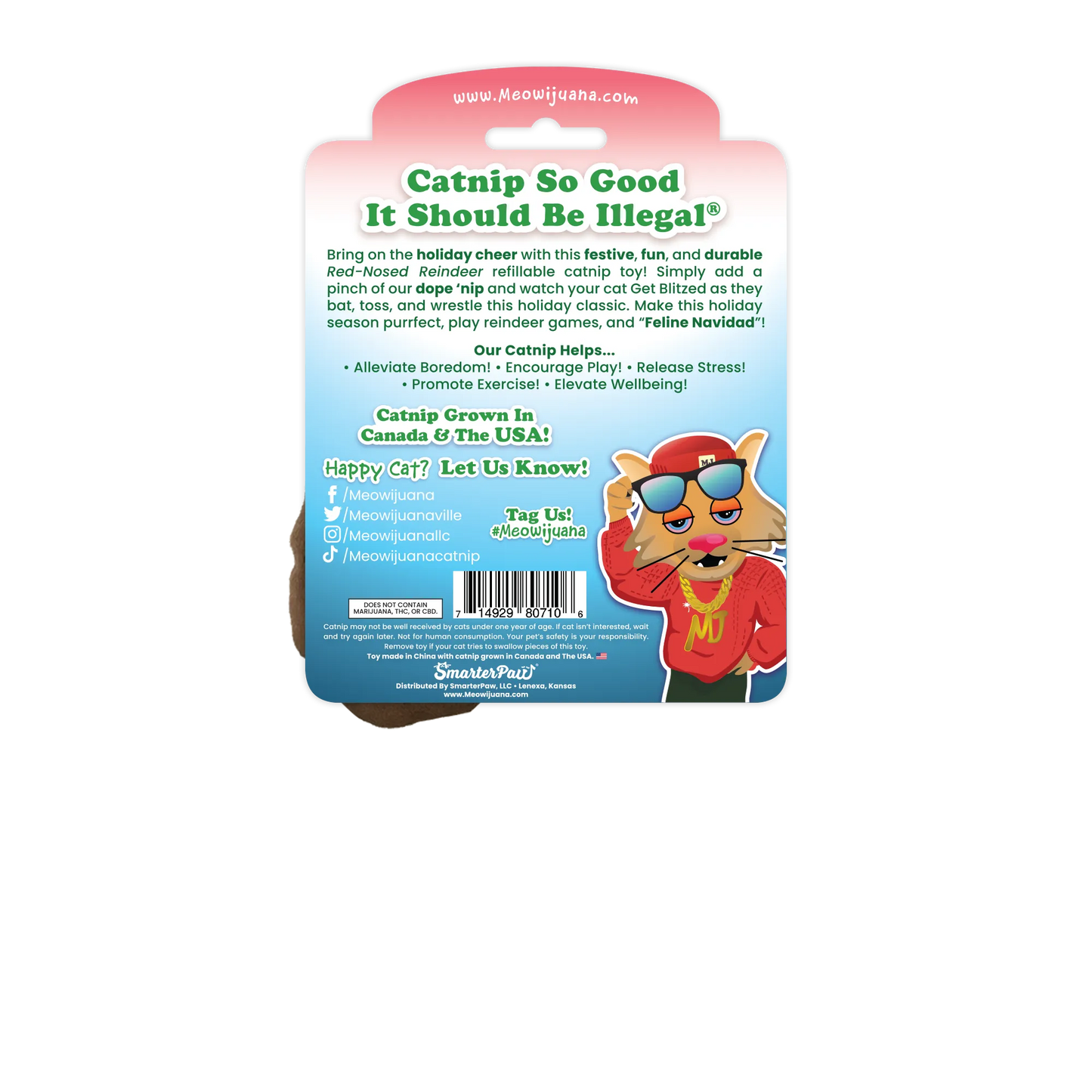 Back of the reindeer toy packaging, emphasizing its festive design and benefits like stress relief, promoting exercise, and playful fun.