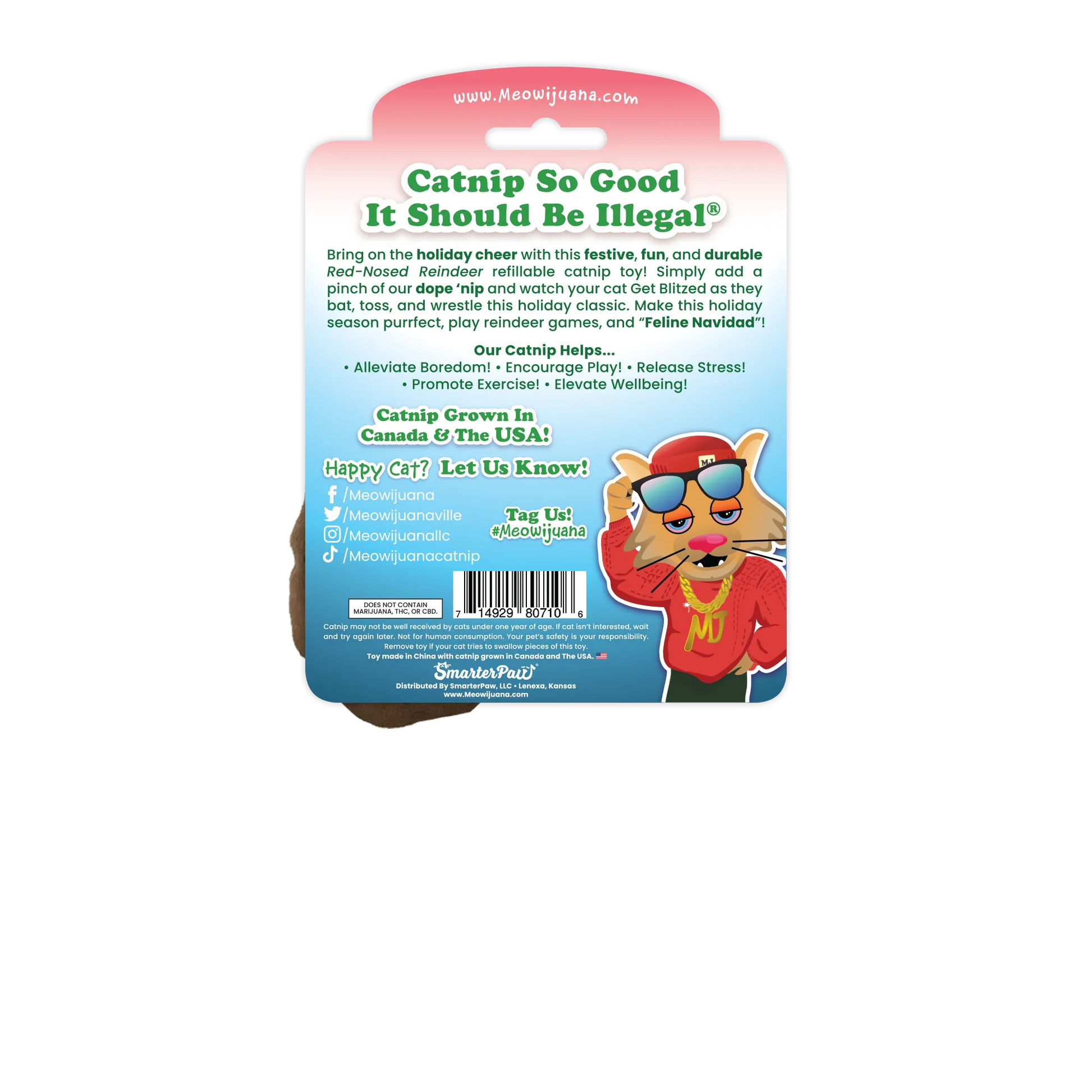 Back of the reindeer toy packaging, emphasizing its festive design and benefits like stress relief, promoting exercise, and playful fun.