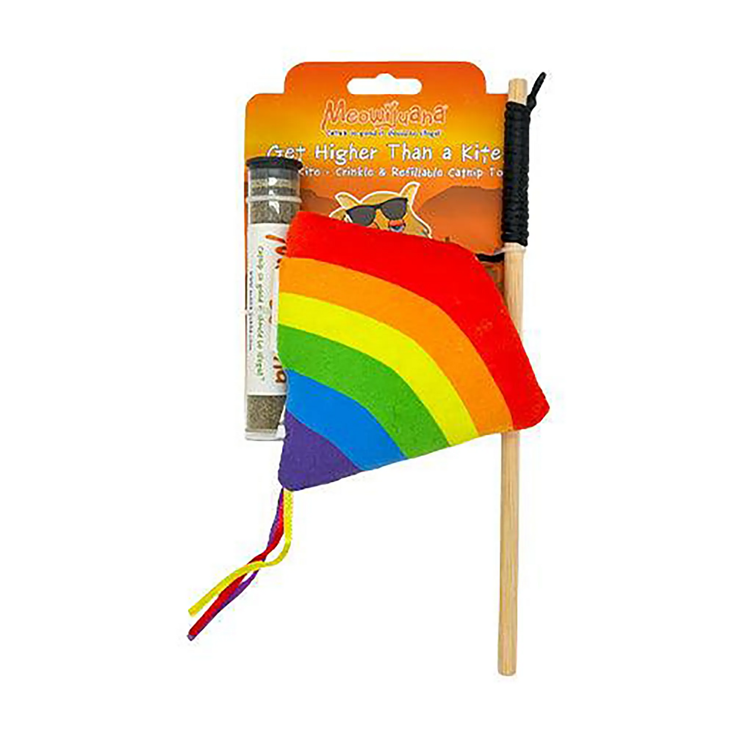 A rainbow kite-shaped cat toy attached to a wooden stick, packaged with Meowijuana® branding and a tube of premium catnip.