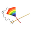 Rainbow kite-shaped toy with a black string attached to a wooden stick, showcasing its playful design for interactive fun.