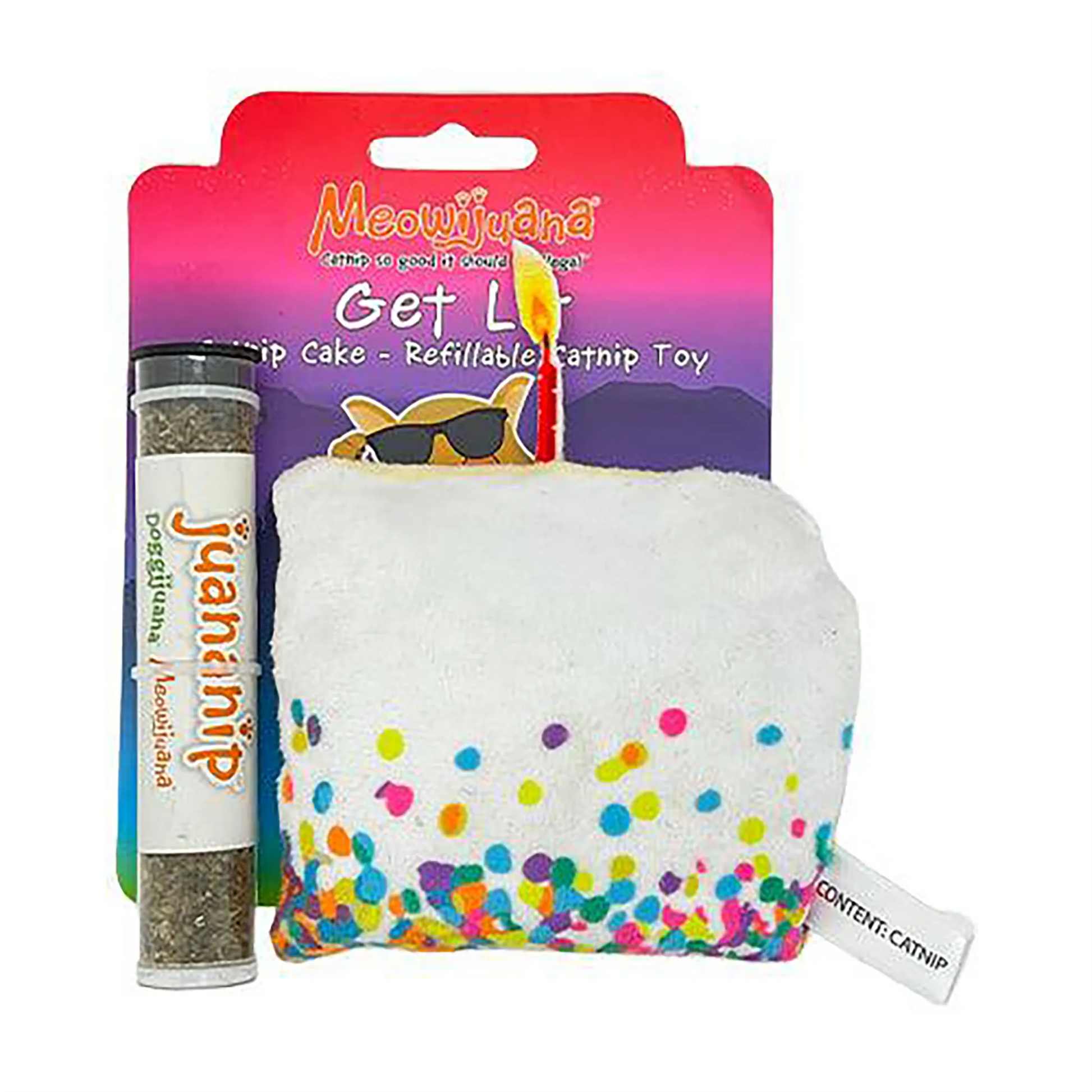 Catnip-filled plush cupcake toy with a candle, labeled "Get Lit," featuring vibrant sprinkles and packaging.