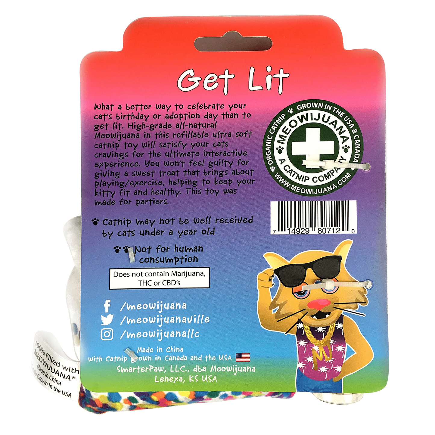 Packaging back of the "Get Lit" catnip toy, highlighting product features and benefits for cats.