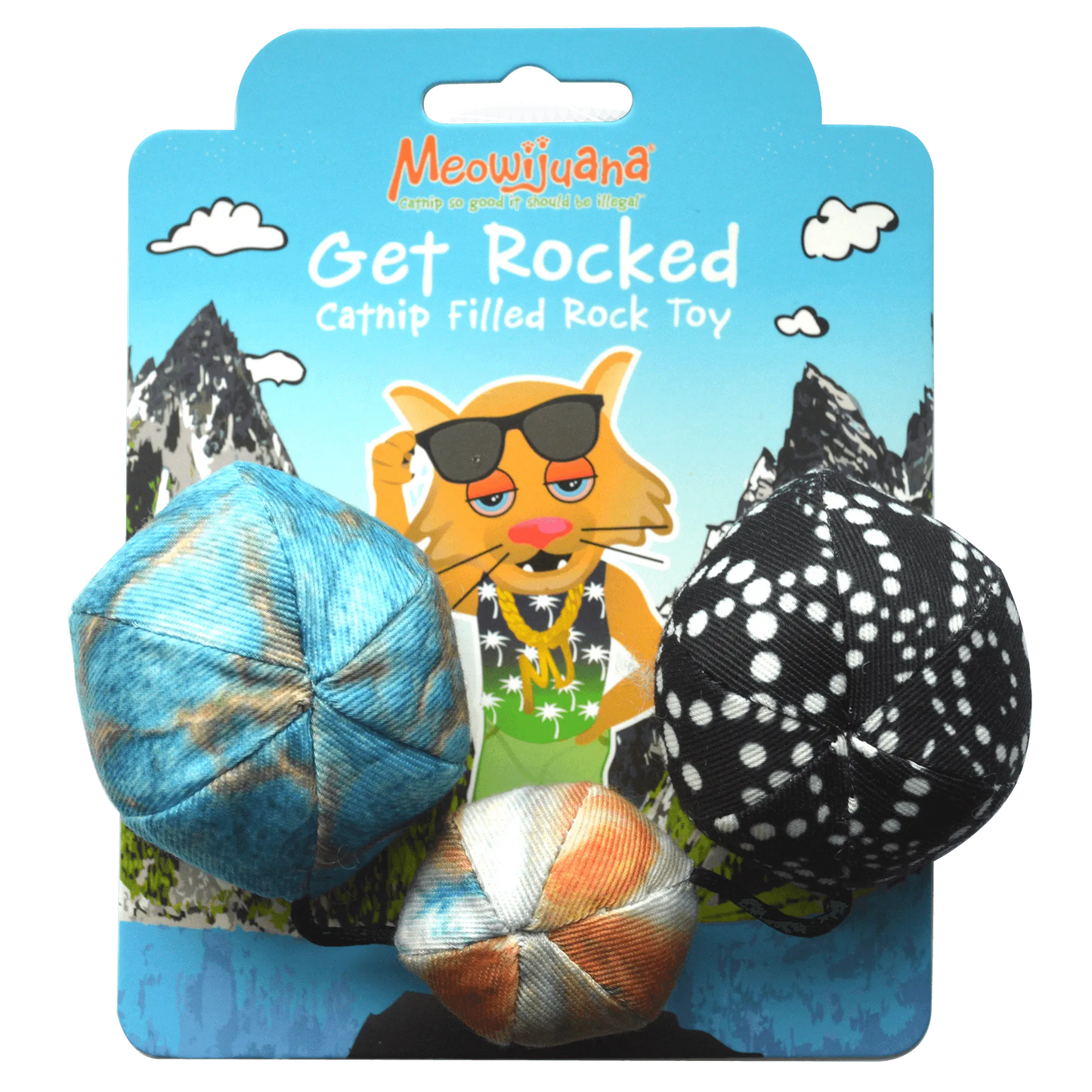 Colorful catnip-filled rock toys with mountain-themed packaging labeled 'Get Rocked' by Meowijuana.