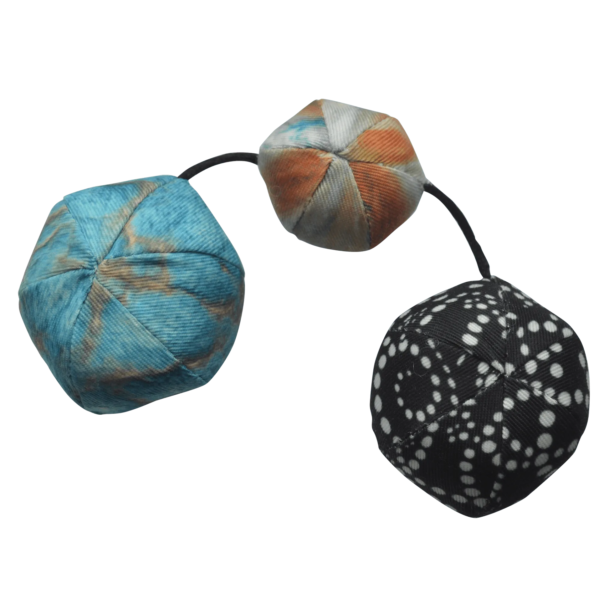 Three textured catnip-filled rocks connected by a string, showcasing their playful design.