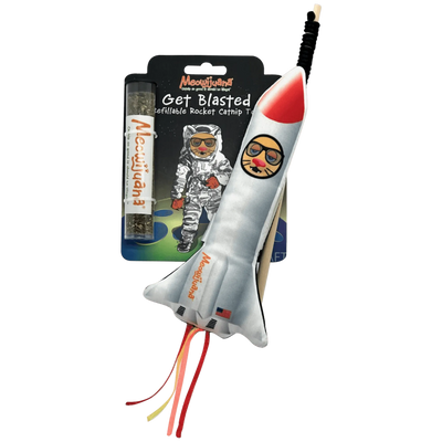 Rocket-shaped catnip toy with colorful packaging that reads "Get Blasted - Refillable Rocket Catnip Toy.