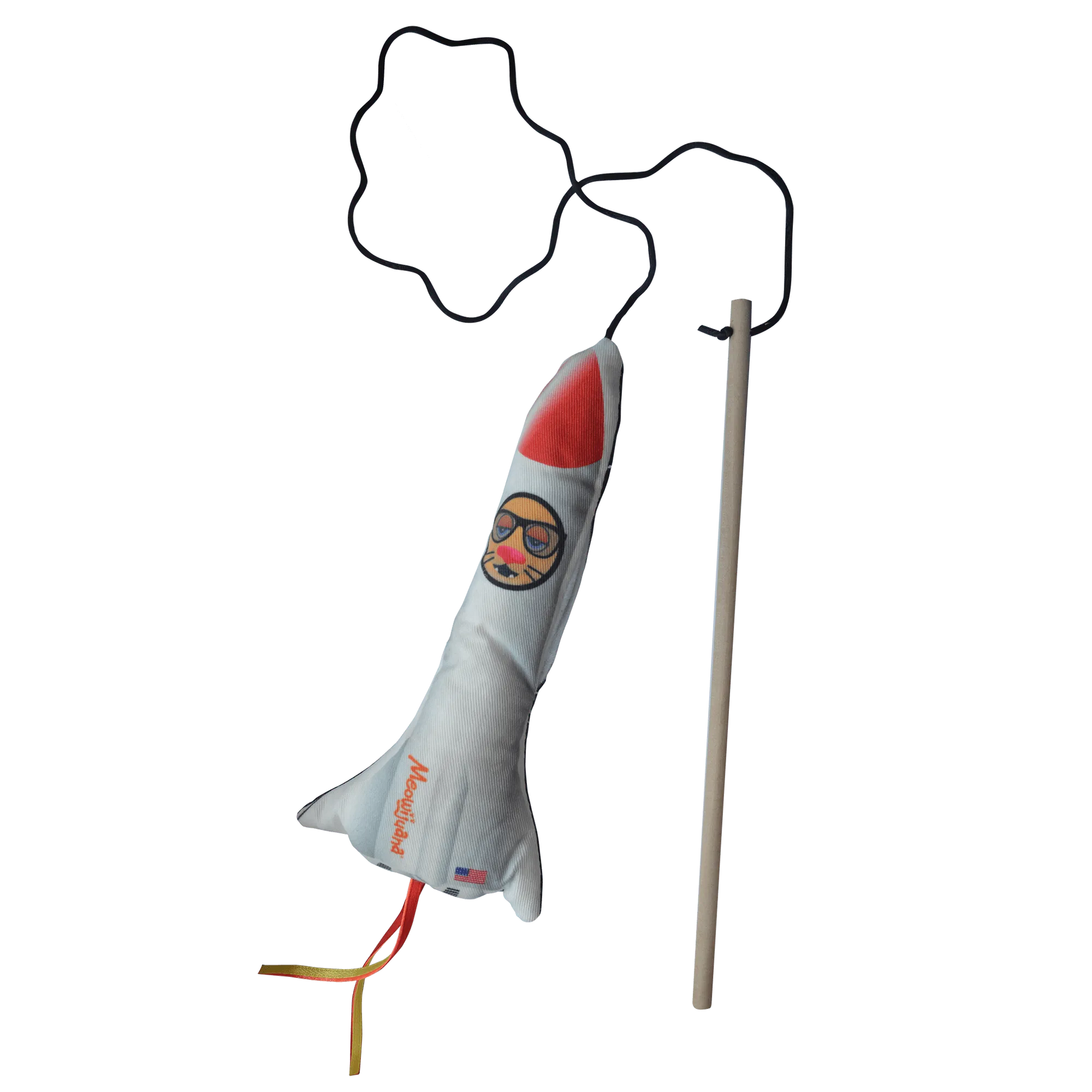 Rocket toy detached from its packaging with attached wand and string, showing its interactive play feature.