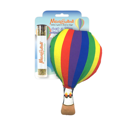 Meowijuana catnip toy featuring a vibrant rainbow hot air balloon and premium catnip tube in colorful packaging.