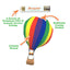 Hot air balloon toy with colorful stripes, highlighting features like refillable pocket, crinkle sound, and catnip tube.