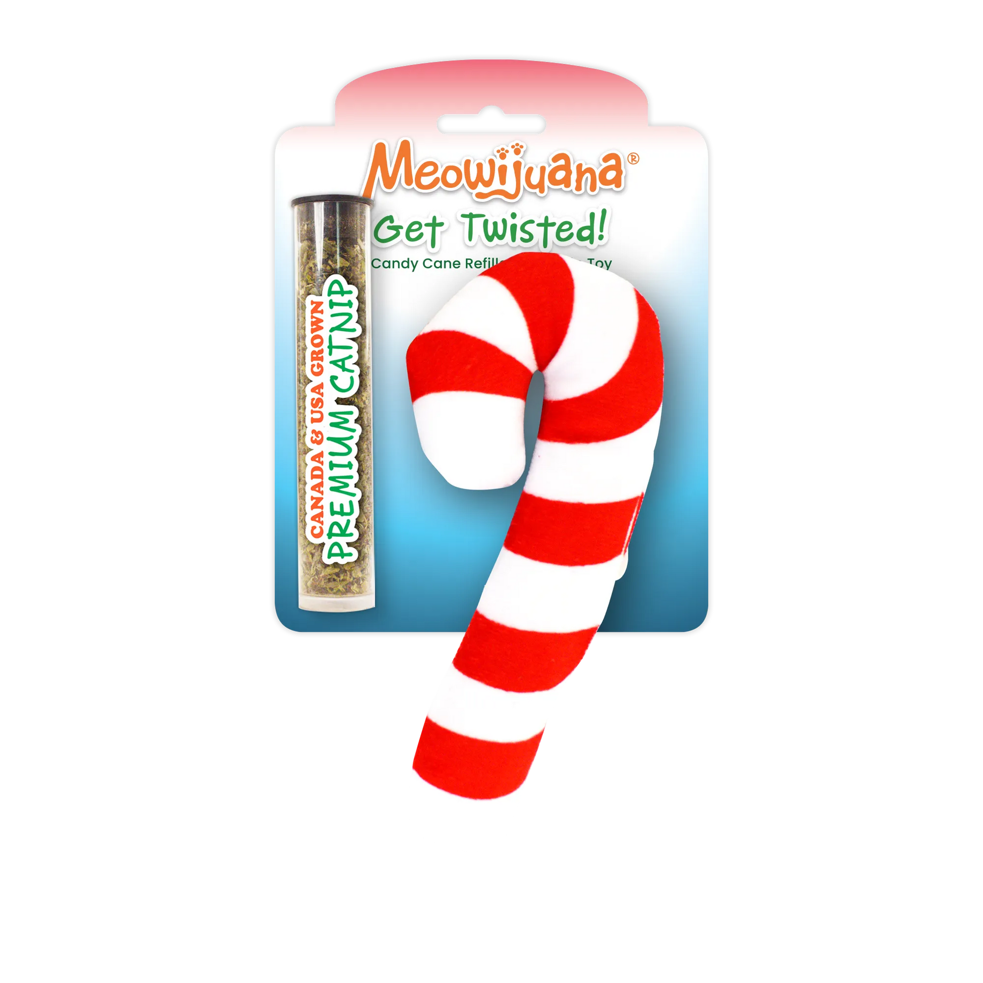 A vibrant red and white striped candy cane catnip toy with a refillable pouch, packaged with premium catnip tube.