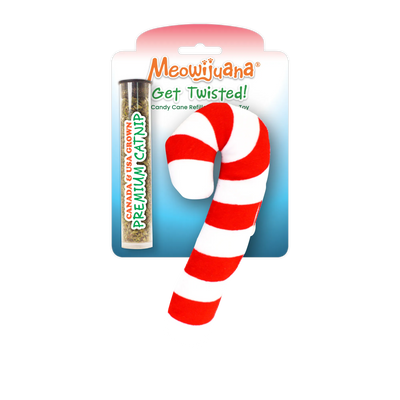 A vibrant red and white striped candy cane catnip toy with a refillable pouch, packaged with premium catnip tube.