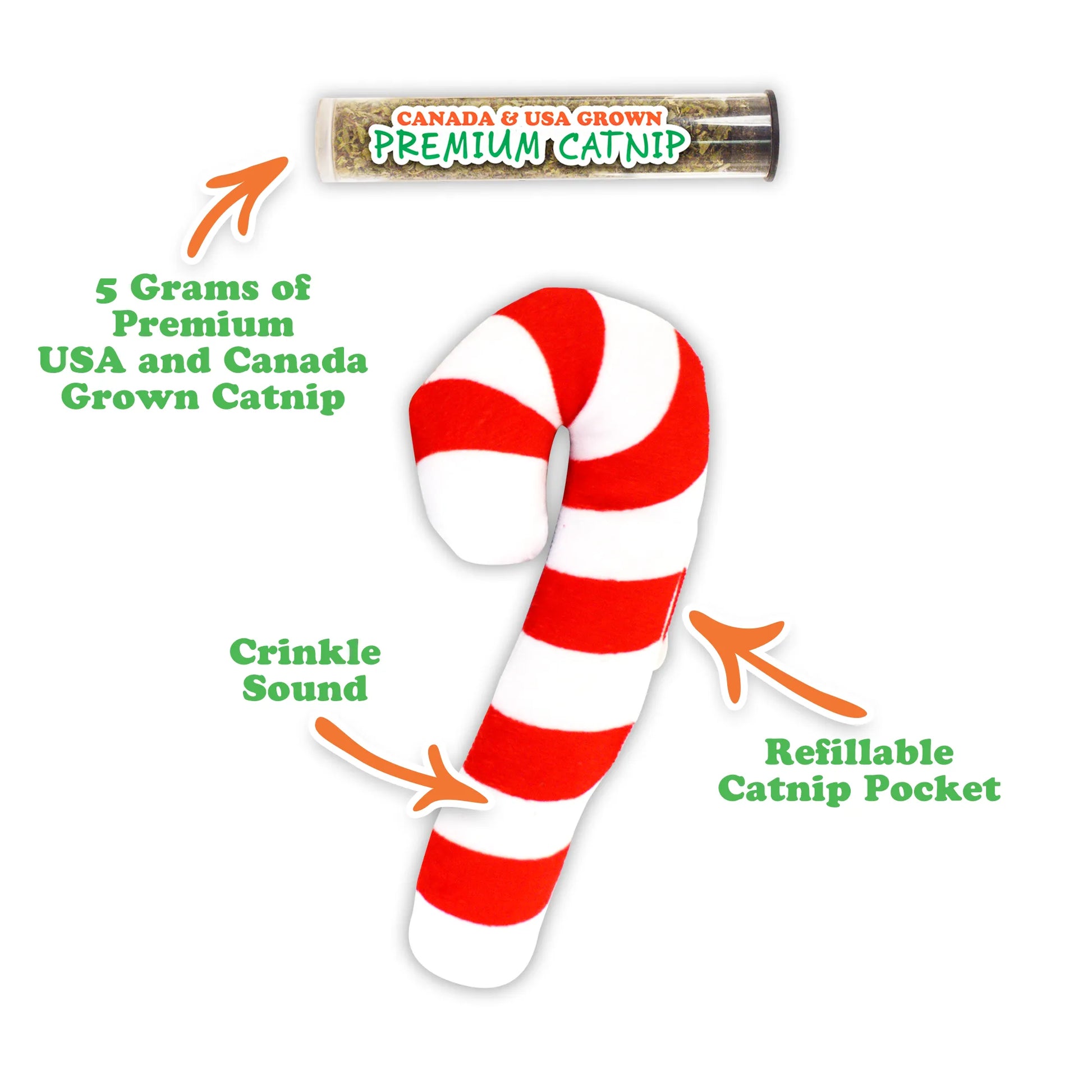 Diagram of the candy cane toy highlighting its refillable catnip pocket, crinkle sound feature, and included premium catnip.