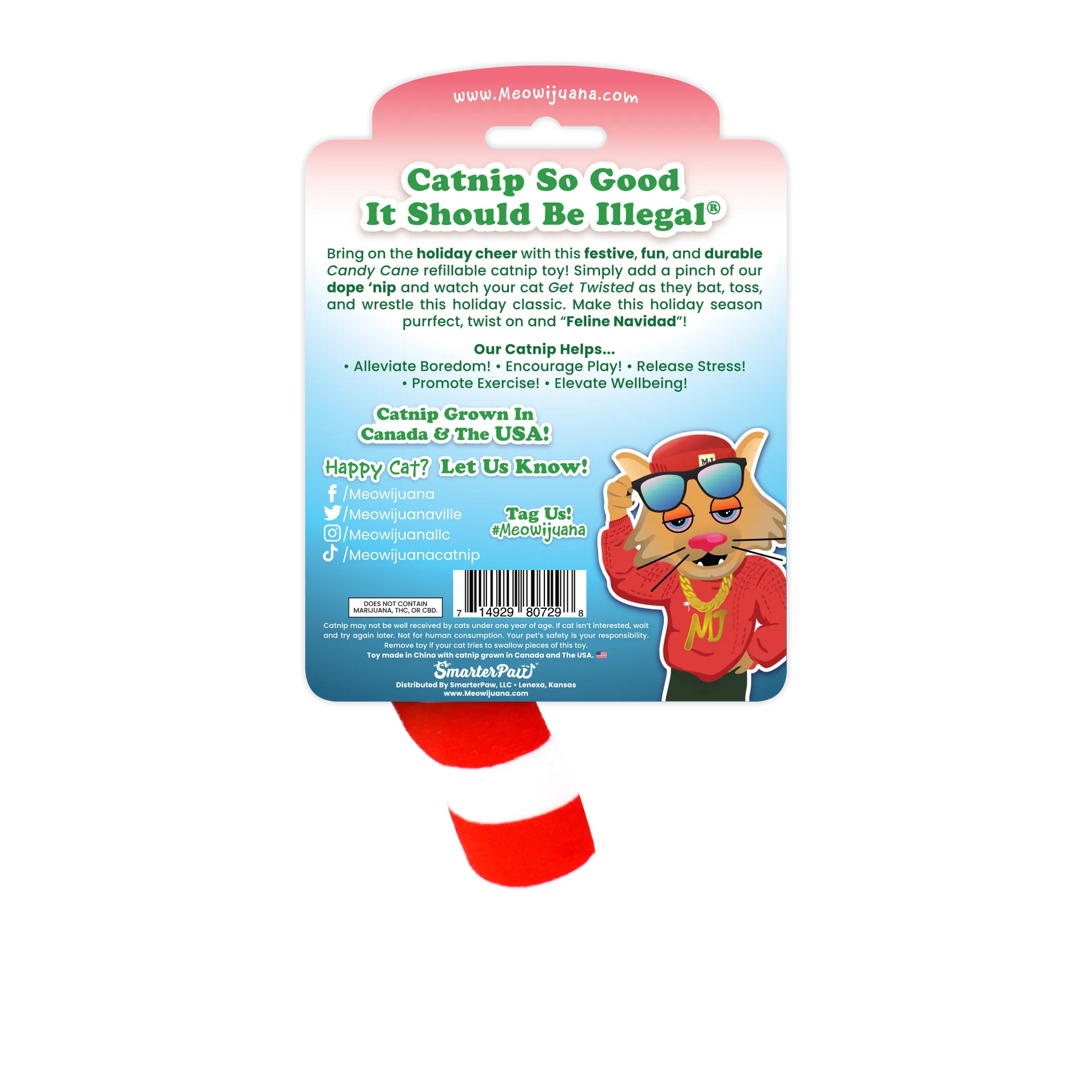 Back of the candy cane toy packaging describing its features and benefits, alongside a festive cartoon cat wearing sunglasses.