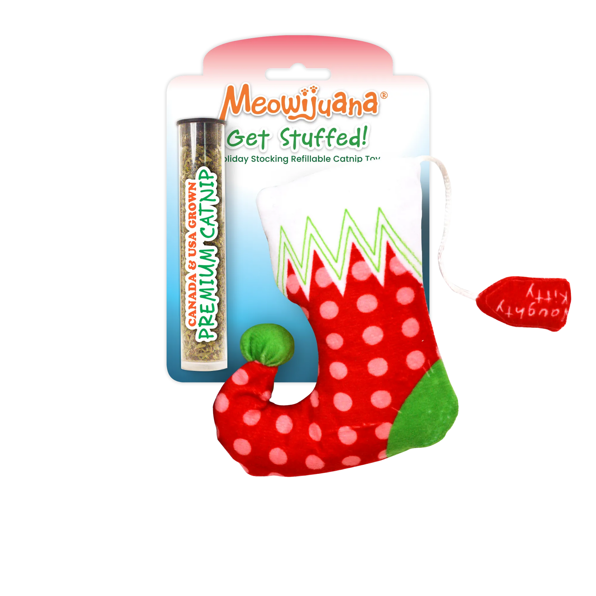 A red and green holiday stocking cat toy with polka dots and a premium USA and Canada grown catnip tube in packaging.