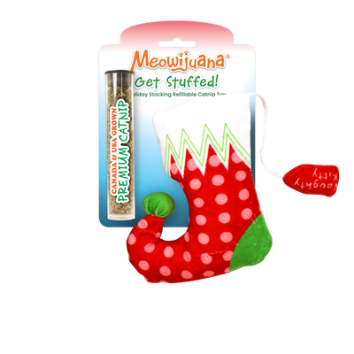 A red and green holiday stocking cat toy with polka dots and a premium USA and Canada grown catnip tube in packaging.