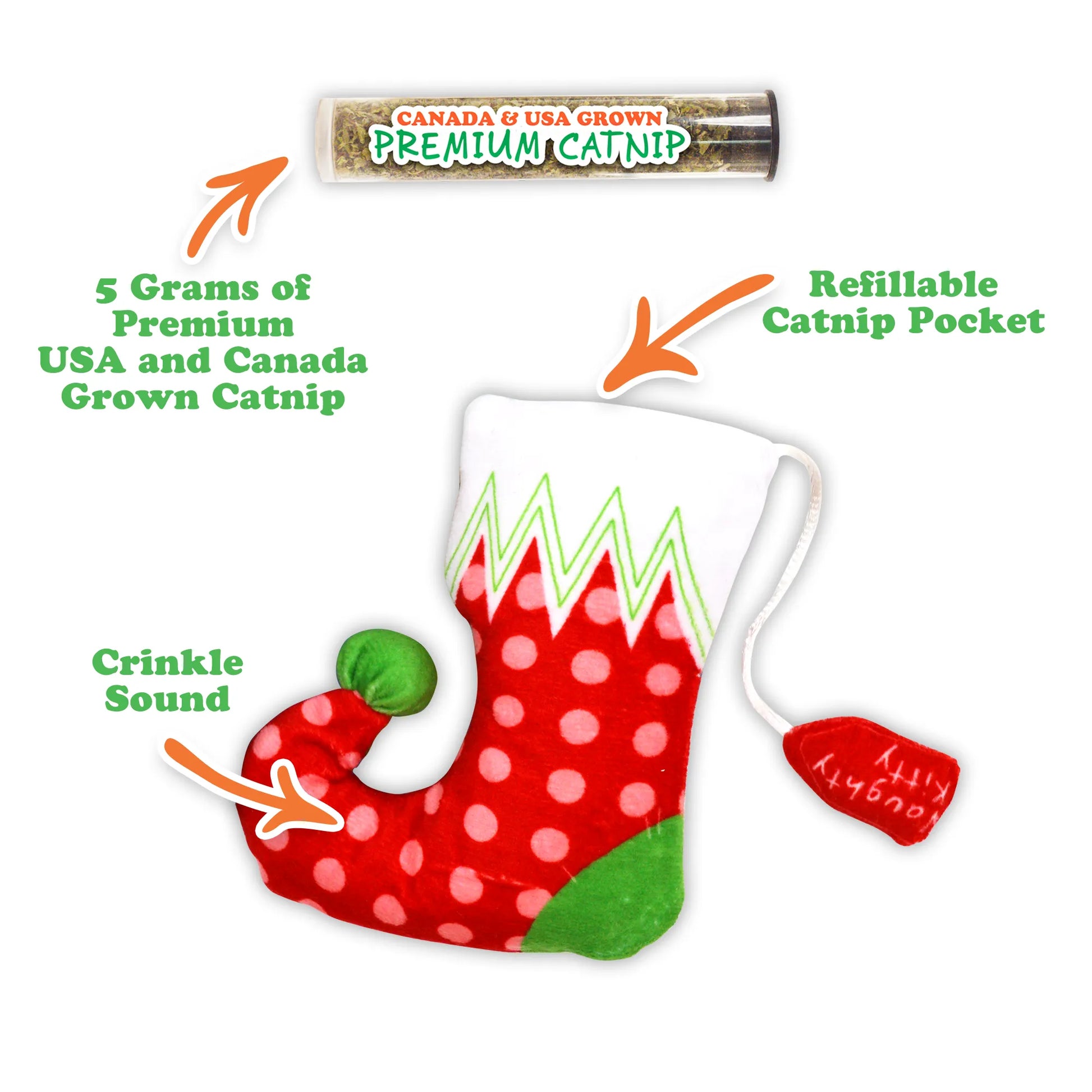 A labeled graphic of a holiday stocking cat toy highlighting its crinkle sound, refillable catnip pocket, and catnip tube.