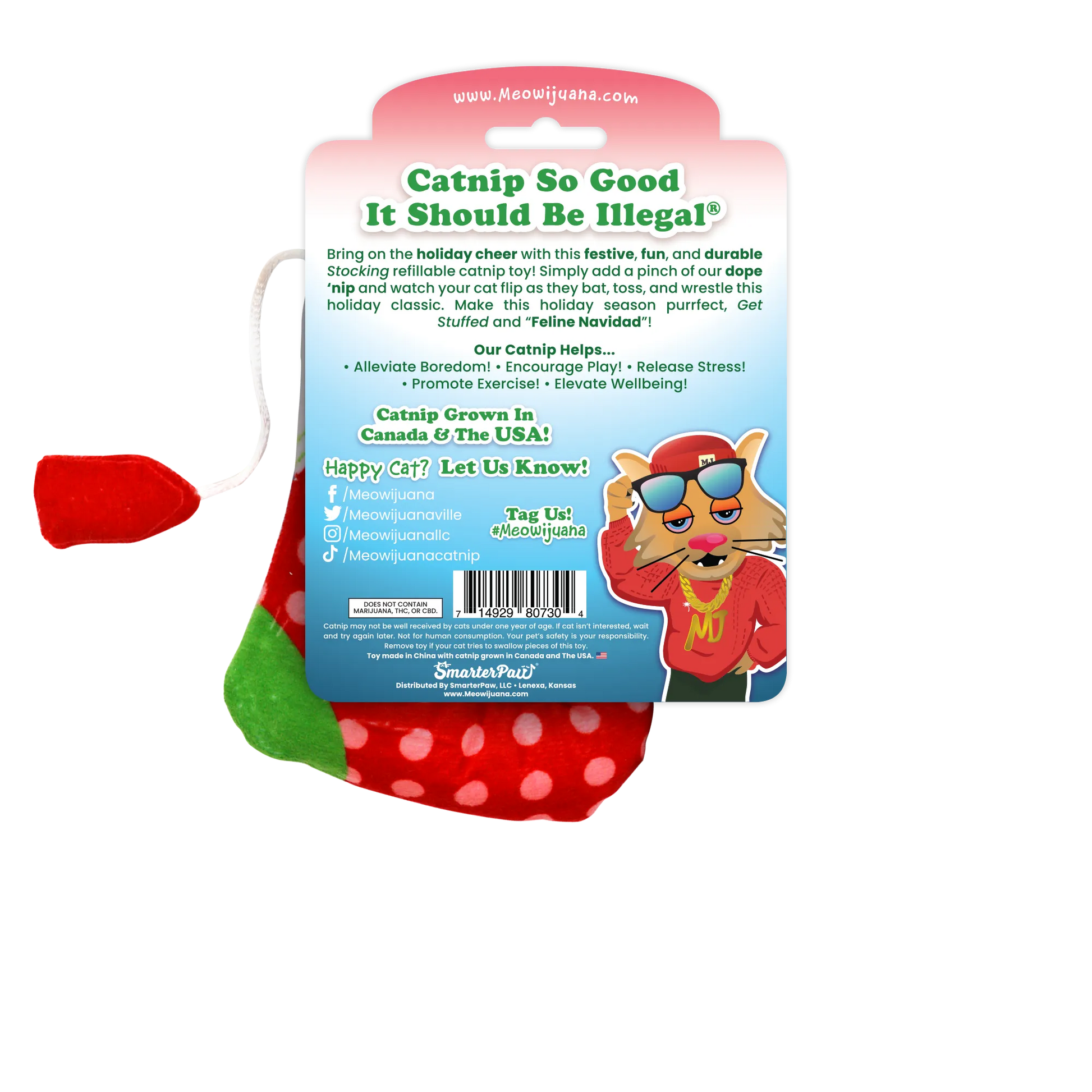 The back of the holiday stocking cat toy packaging, detailing its benefits, instructions, and a festive design.