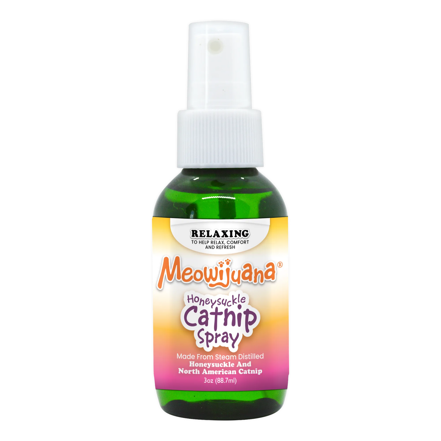 Green spray bottle labeled "Meowijuana Honeysuckle Catnip Spray," designed for feline relaxation.