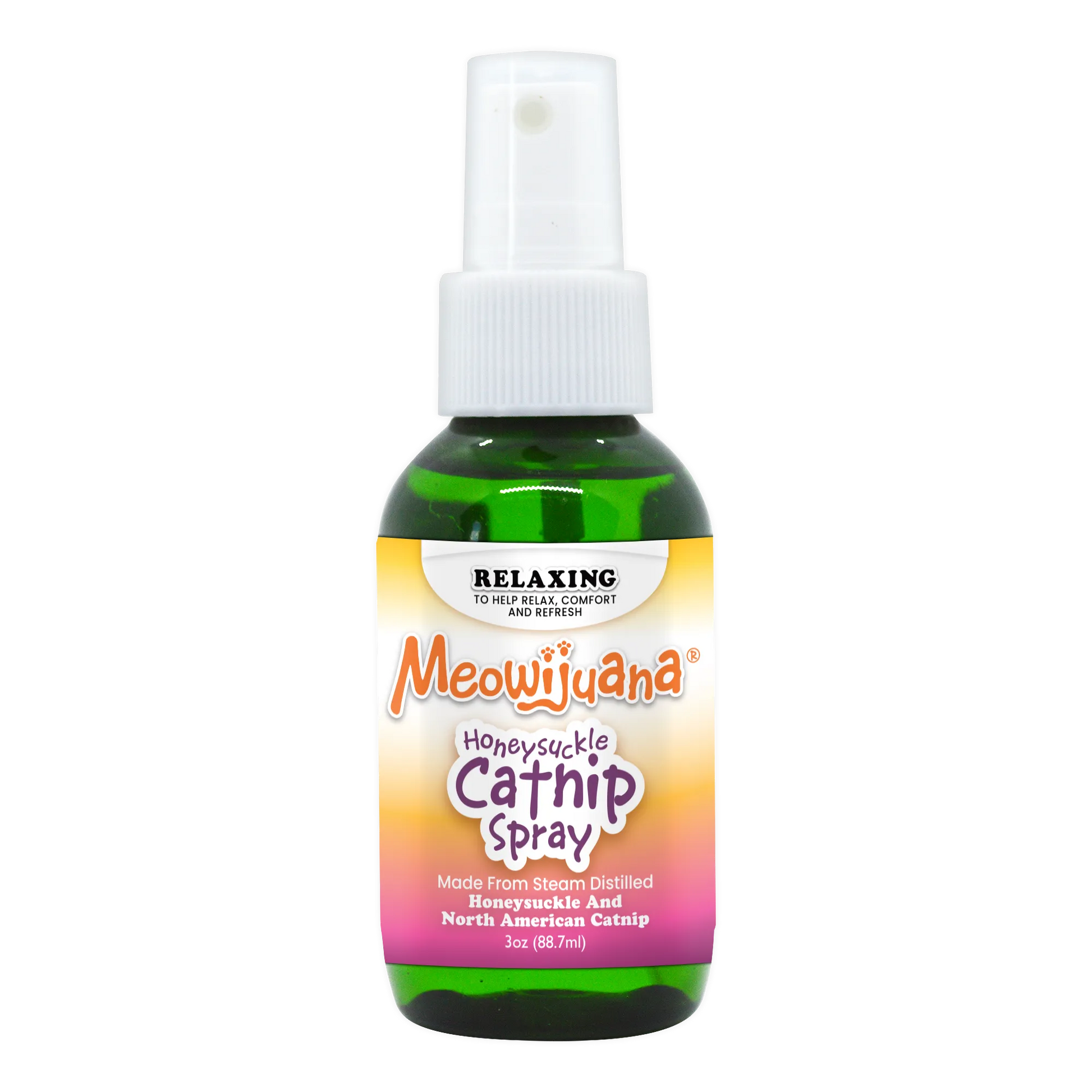 Green spray bottle labeled "Meowijuana Honeysuckle Catnip Spray," designed for feline relaxation.