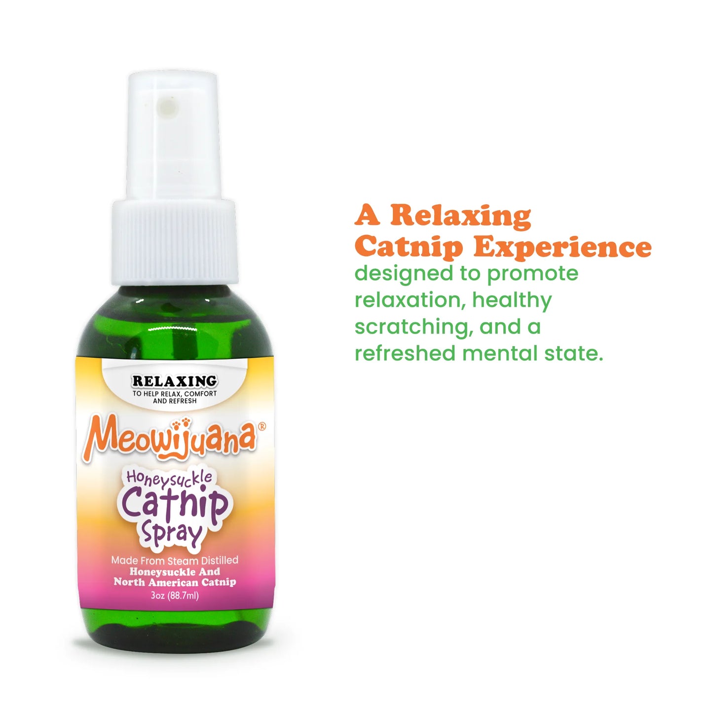 Bottle and text promoting a relaxing catnip experience for mental comfort and scratching.