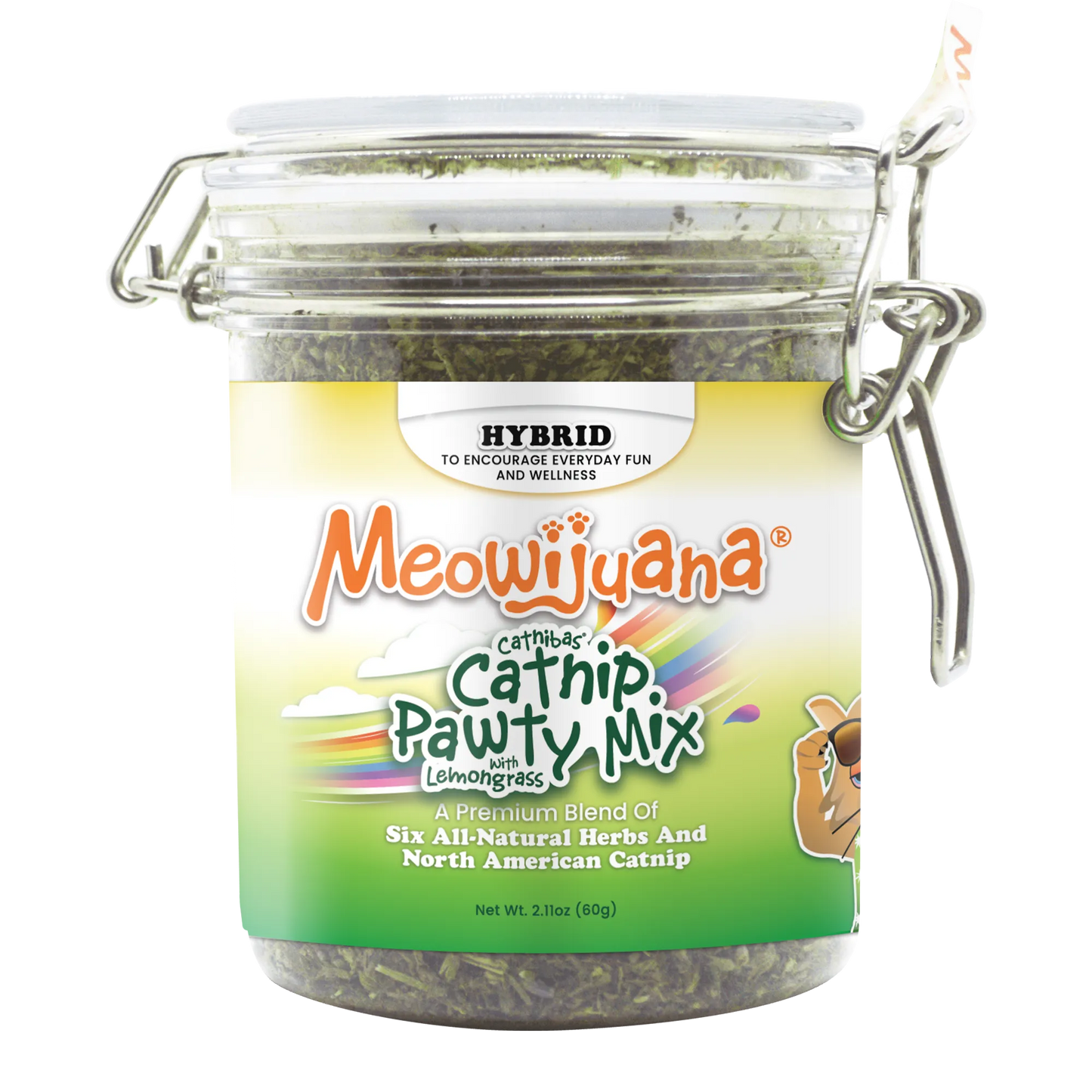 Meowijuana Catnip Pawty Mix jar with hybrid blend label.