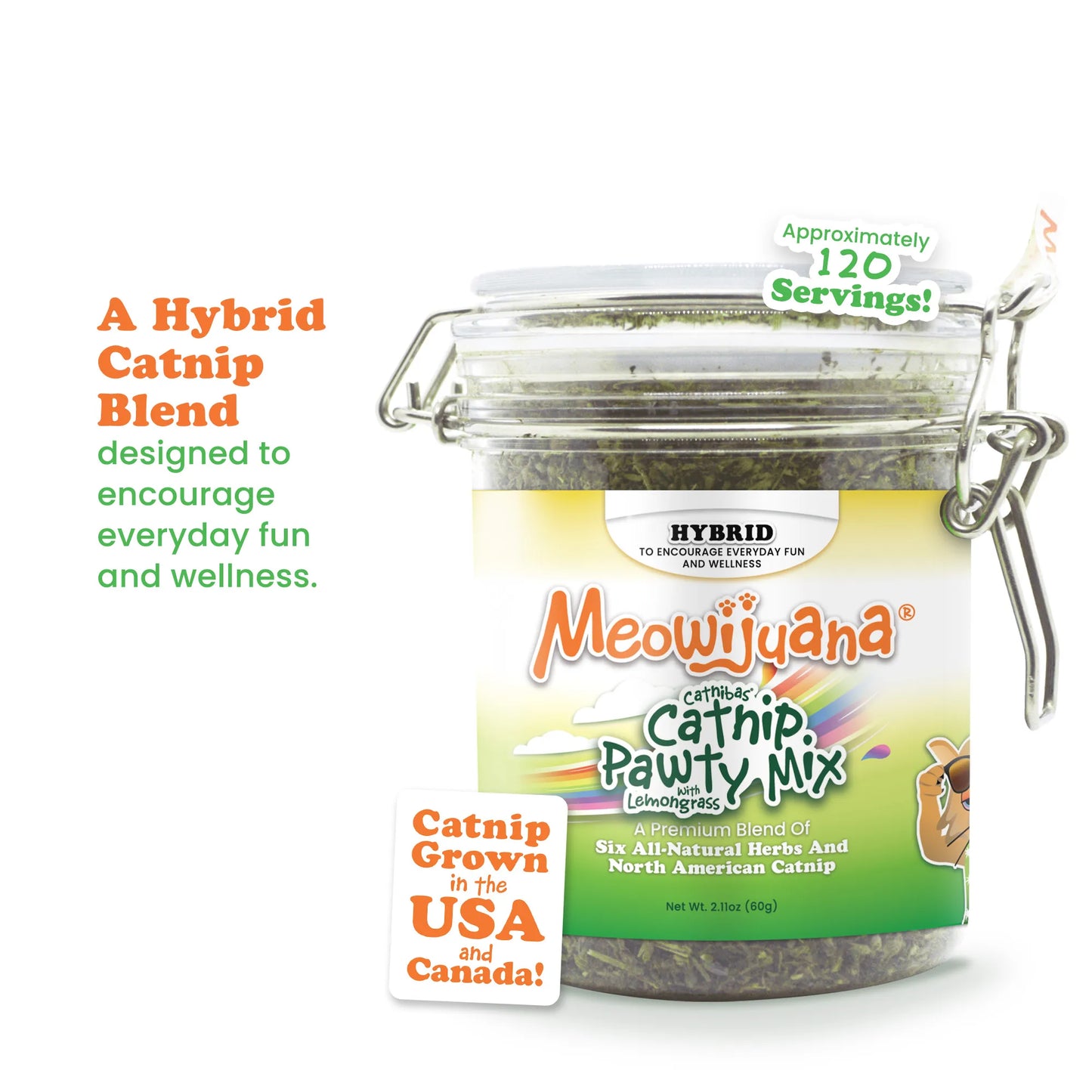 Meowijuana Catnip Pawty Mix jar designed for daily fun and wellness.