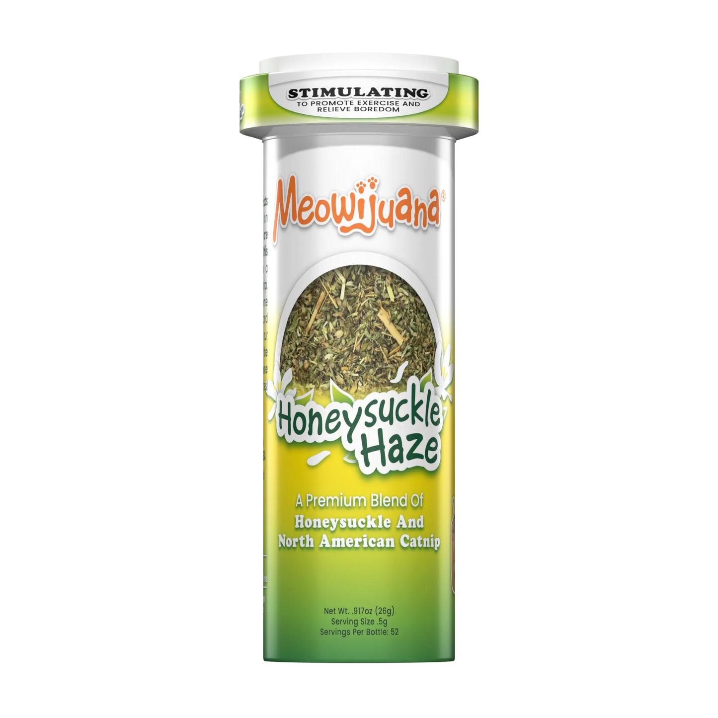 Meowijuana Honeysuckle Haze catnip bottle featuring a blend of honeysuckle and North American catnip.