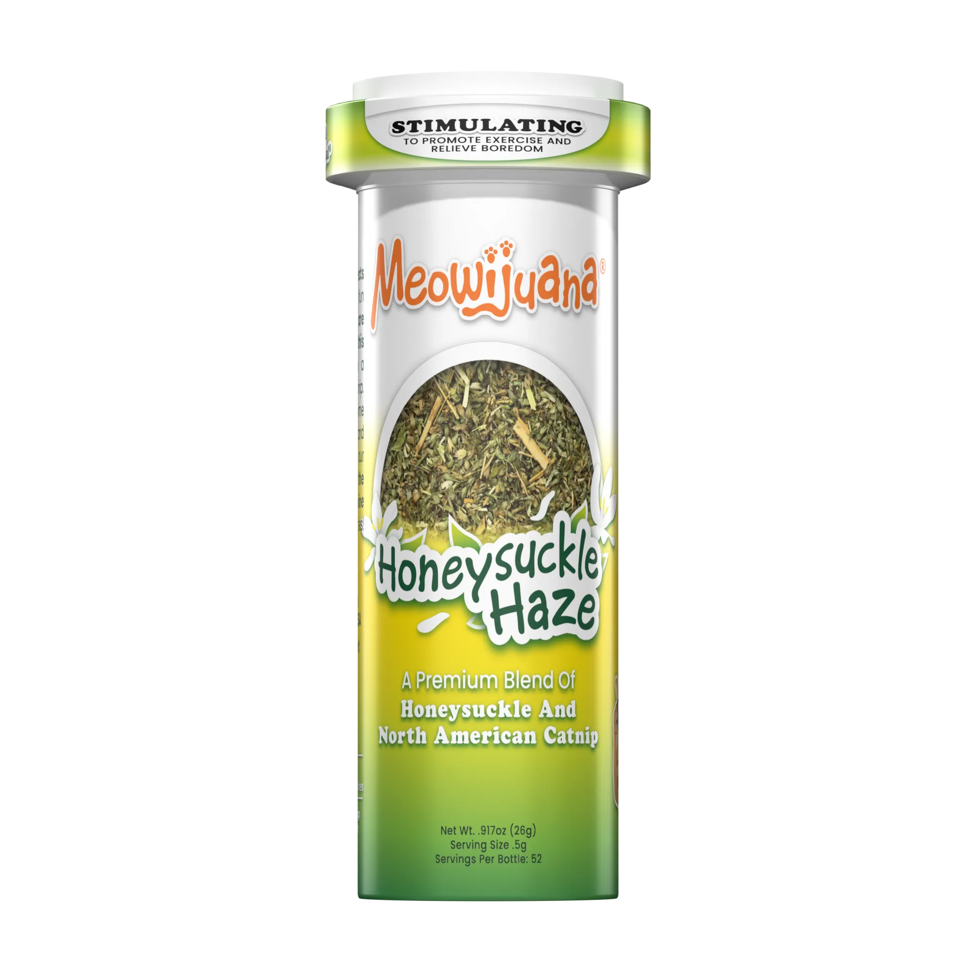 Meowijuana Honeysuckle Haze catnip bottle featuring a blend of honeysuckle and North American catnip.