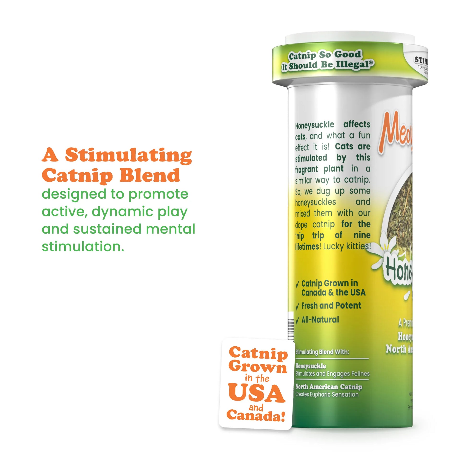 Side view of Honeysuckle Haze catnip bottle, promoting stimulation, mental engagement, and all-natural ingredients.