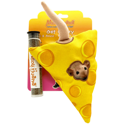 A triangular cheese-shaped cat toy with a brown mouse graphic and a stuffed tail, paired with a tube of catnip.