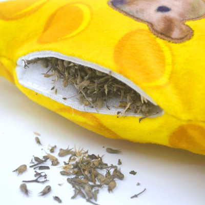 Close-up of a yellow cheese-shaped toy with an open Velcro pouch filled with dried catnip.