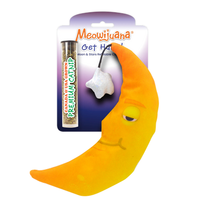 A yellow crescent moon plush toy with a star attachment, packaged with a tube of premium catnip.