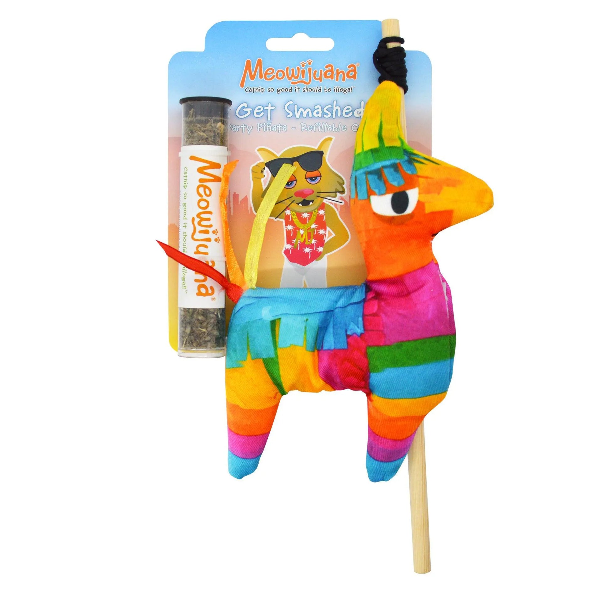 A colorful llama piñata cat toy packaged with a tube of Meowijuana catnip, labeled "Get Smashed."