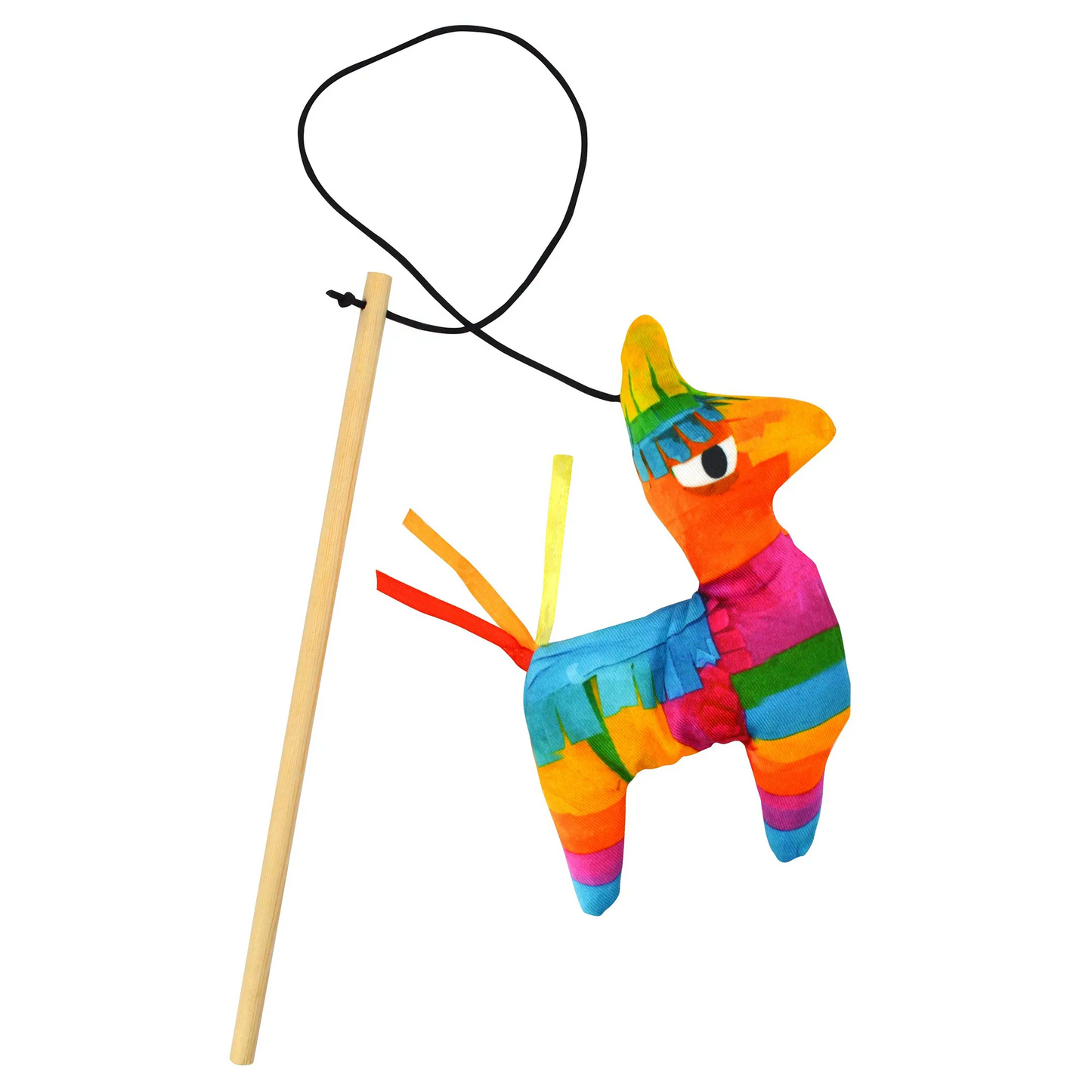 A vibrant rainbow llama cat toy with a wooden wand and string, featuring ribbons as its tail.