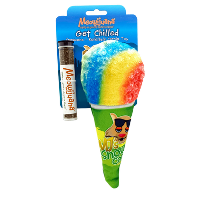 A rainbow-colored snow cone cat toy packaged with a tube of Meowijuana catnip, labeled "Get Chilled."